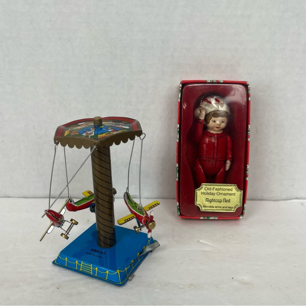 Bundle of tin toy airplane ride & ornament-nightcap Ned-IOB